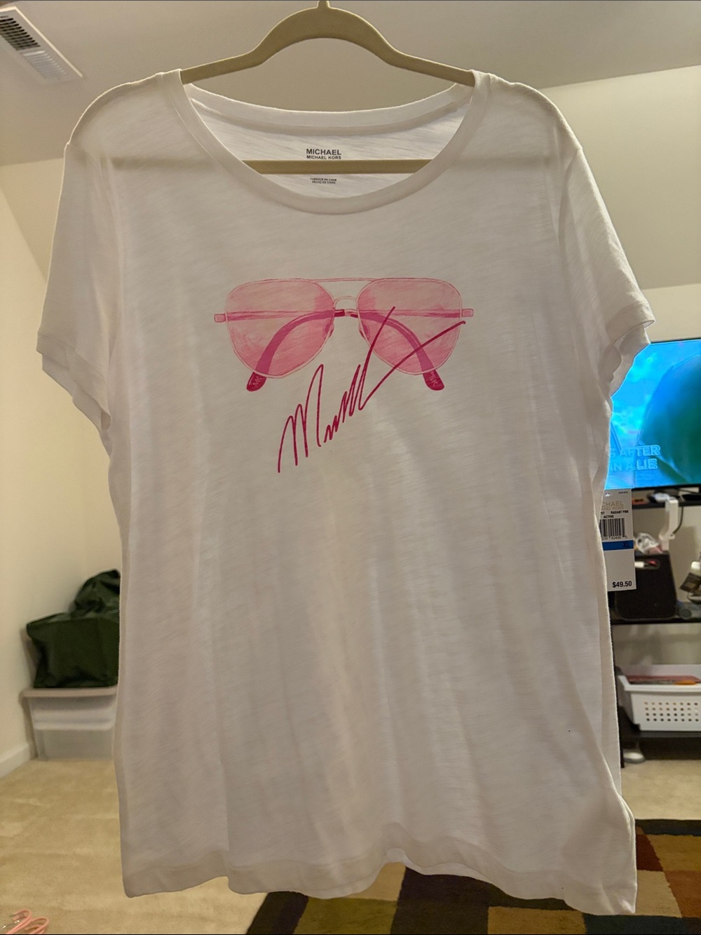 NWT MICHAEL Michael Kors White Tee with Pink Sunglasses Print